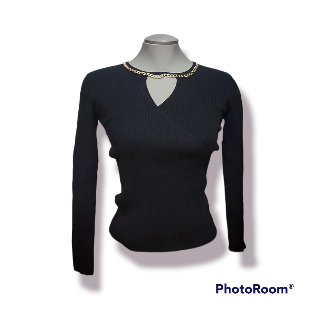 ❤️Guess Womens Black Long Sleeve With Gold Color Chain Accent